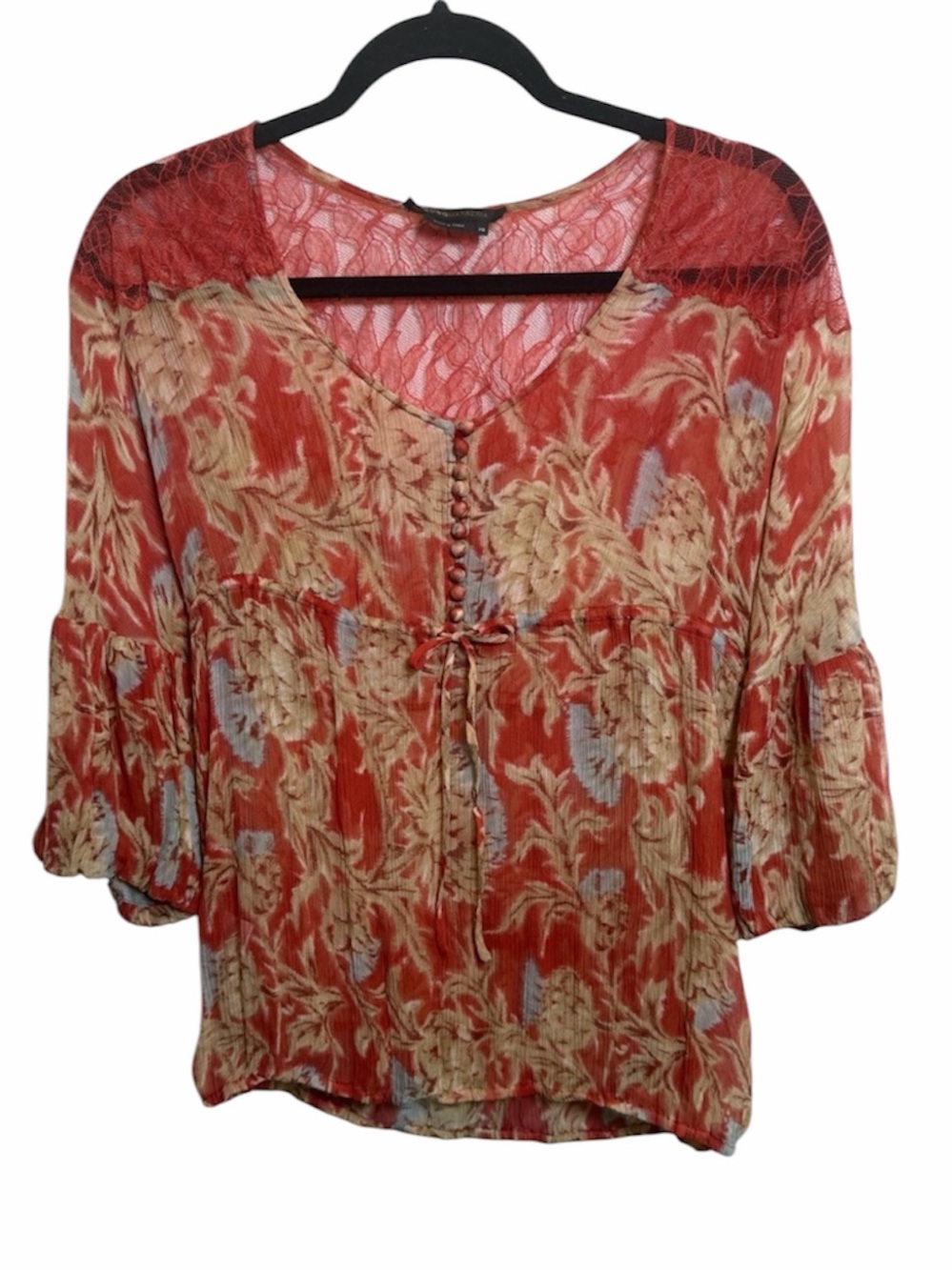BCBGMaxAzria 100% Silk Sheer Rust Red Floral Lace-Yoke Blouse Y2K VTG Size XS